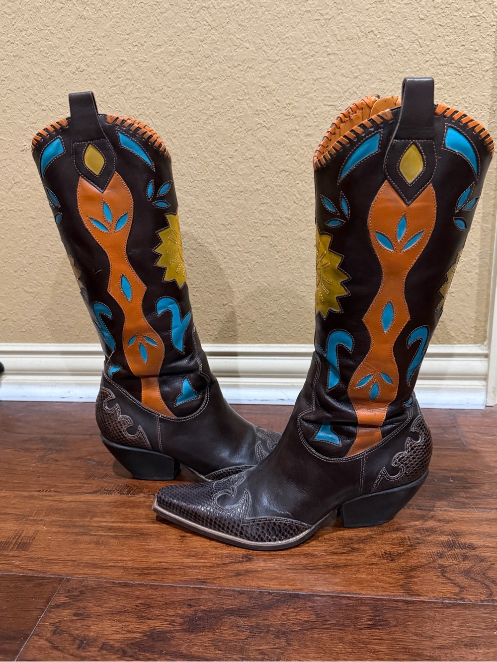 BCBGirls Dark Brown Western Boots with Orange, Blue & Yellow Accents